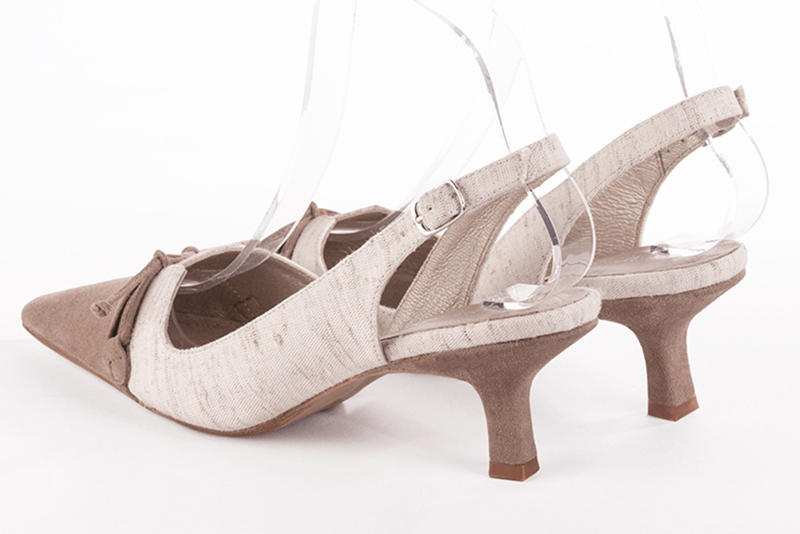 Biscuit beige and off white women's open back shoes, with a knot. Tapered toe. Medium spool heels. Rear view - Florence KOOIJMAN